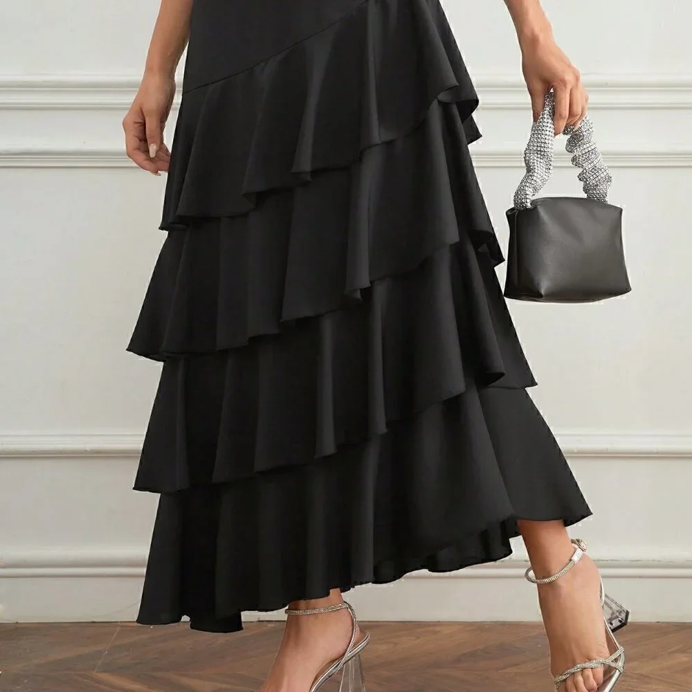 Black Preppy Women's Multi-Layer Ruffle Hem Midi Skirt